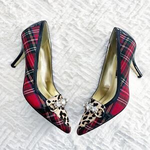 Beverly Feldman Vintage Red Plaid Leopard Patent Leather Pumps